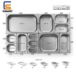 CUBETAS GASTRONORM Y TAPA GN 1/9, LISA ACERO 201, 65MM/100MM/150MM