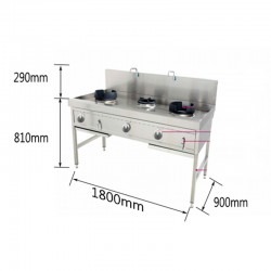 Estufa de Gas de 3 fuegos con grifo de Gas natural y Butano 1800*900*810+290MM
